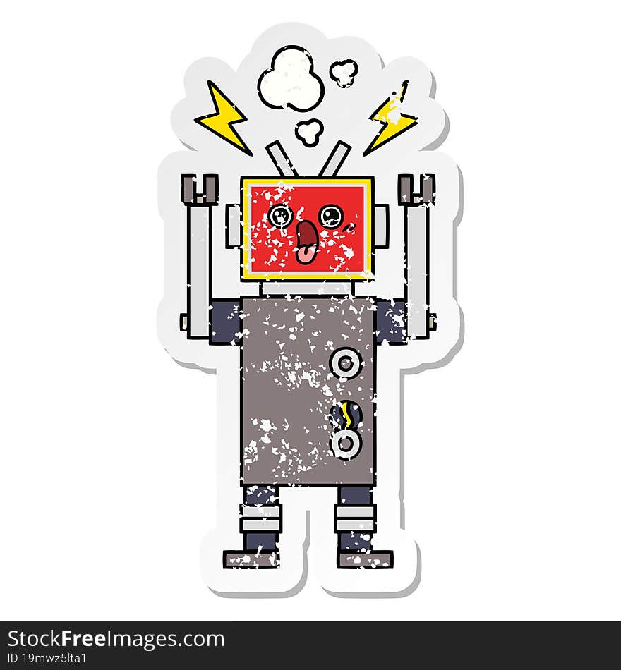 distressed sticker of a cute cartoon robot malfunction