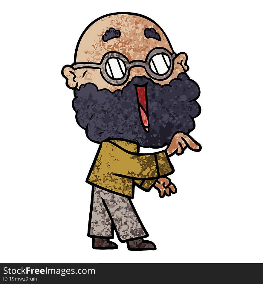 cartoon joyful man with beard pointing finger. cartoon joyful man with beard pointing finger