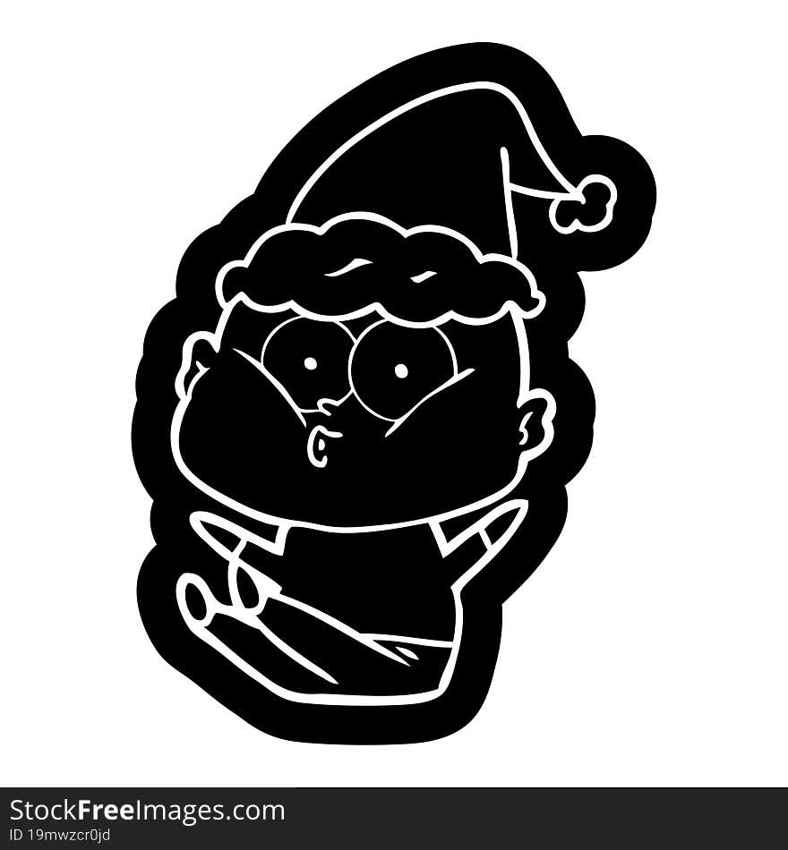 quirky cartoon icon of a bald man staring wearing santa hat