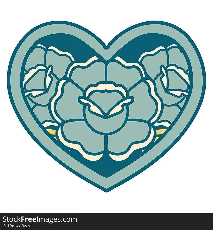 iconic tattoo style image of a heart and flowers. iconic tattoo style image of a heart and flowers