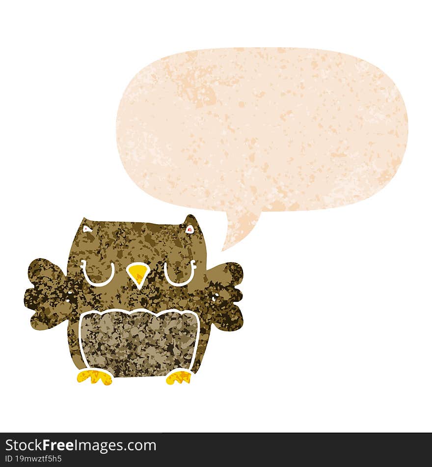 Cute Cartoon Owl And Speech Bubble In Retro Textured Style