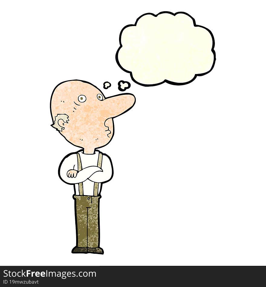 cartoon old man with folded arms with thought bubble