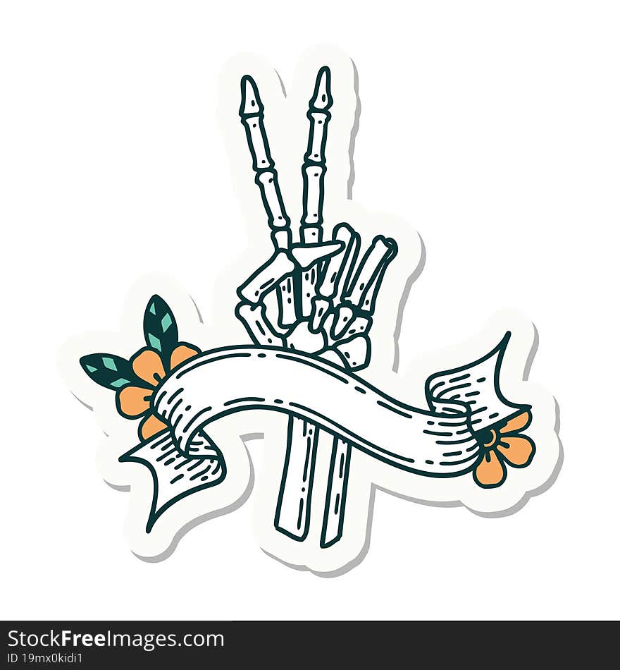 tattoo sticker with banner of a skeleton hand giving a peace sign