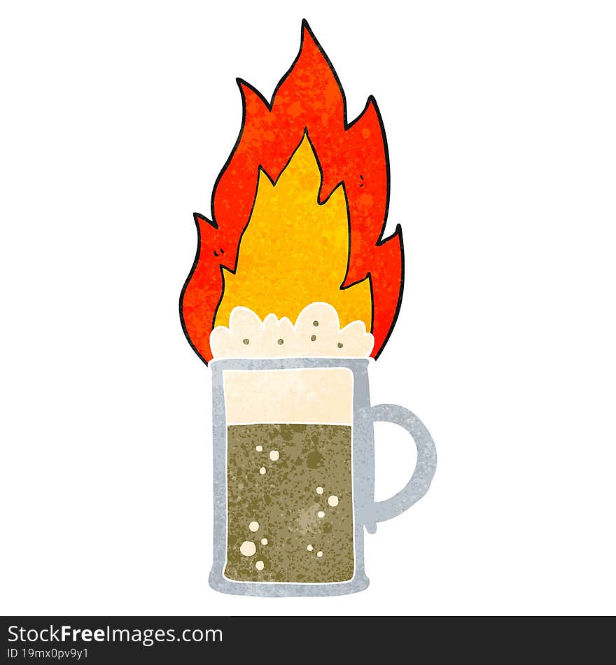 retro cartoon flaming tankard of beer