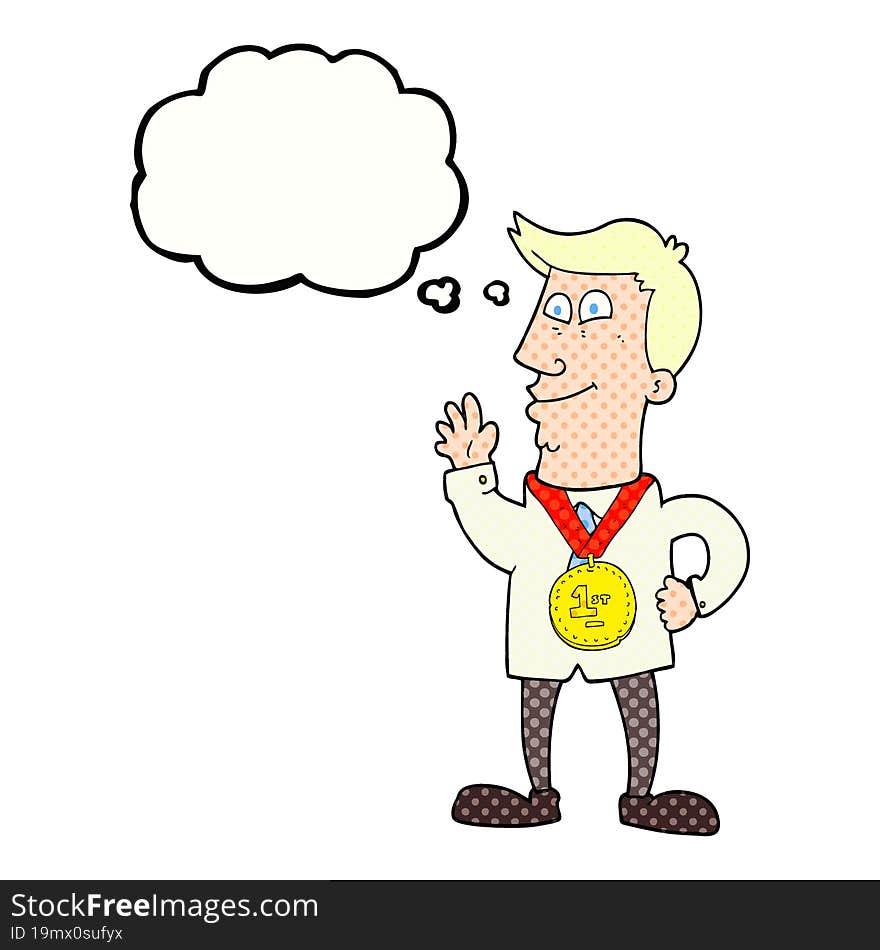 Thought Bubble Cartoon Waving Man With Award