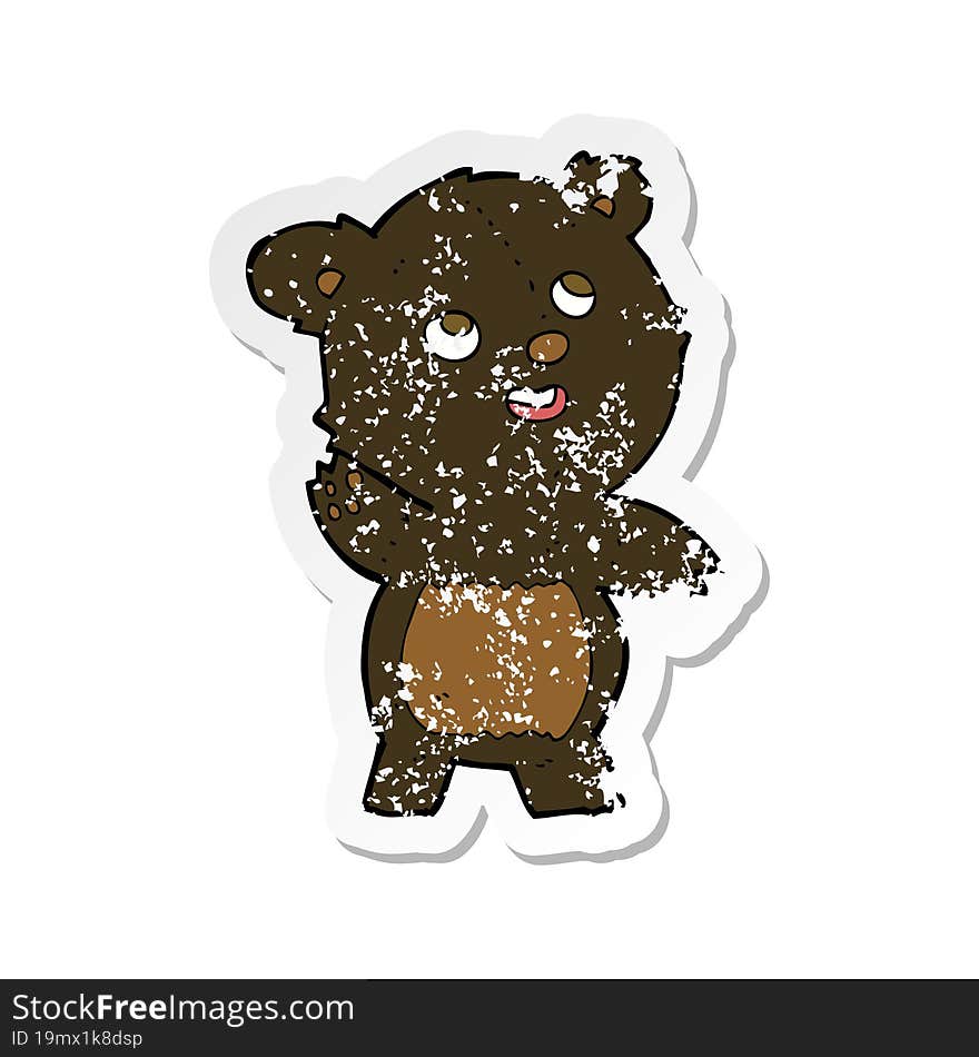 retro distressed sticker of a cartoon cute waving black bear teddy