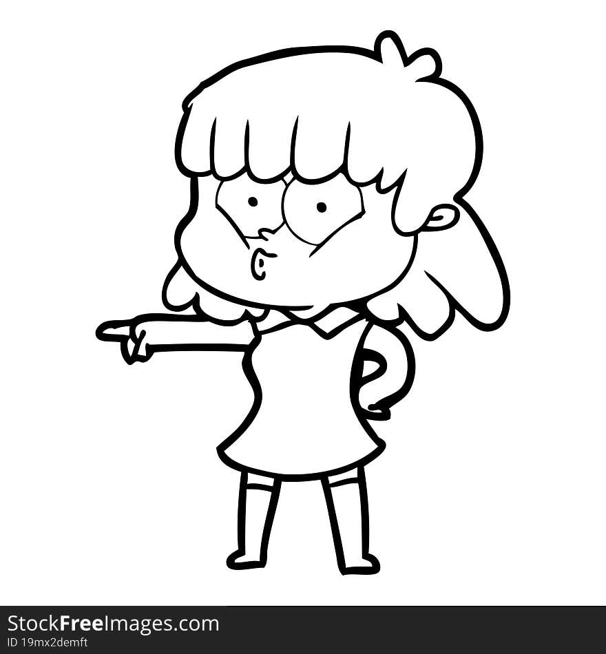 cartoon whistling girl pointing. cartoon whistling girl pointing