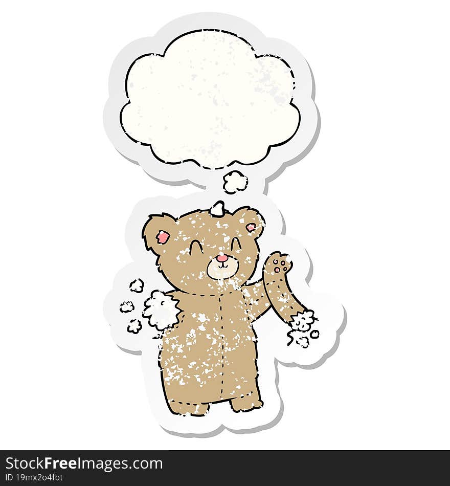 cartoon teddy bear with torn arm and thought bubble as a distressed worn sticker