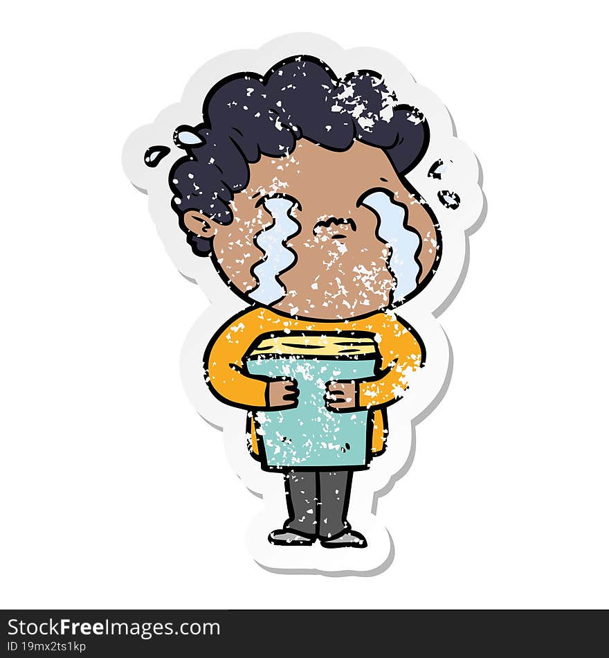 distressed sticker of a cartoon man crying