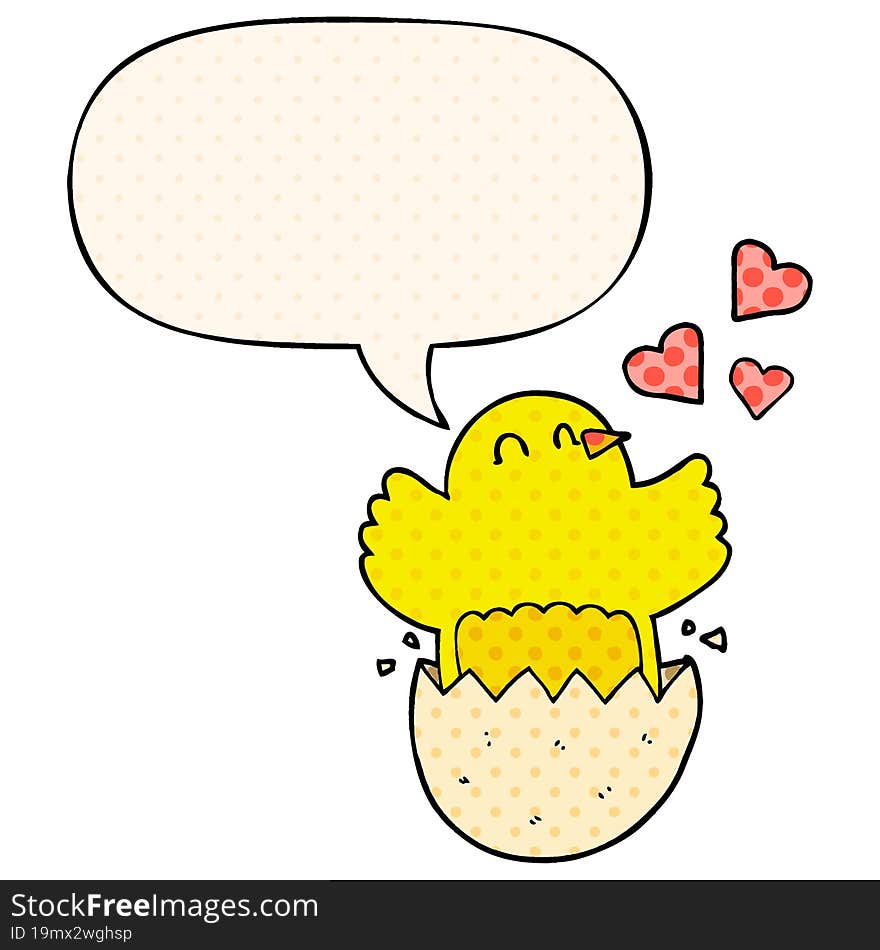 cute hatching chick cartoon and speech bubble in comic book style