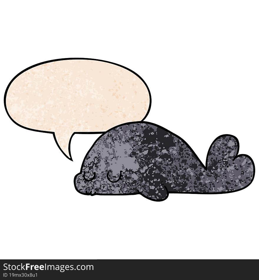 cute cartoon seal and speech bubble in retro texture style