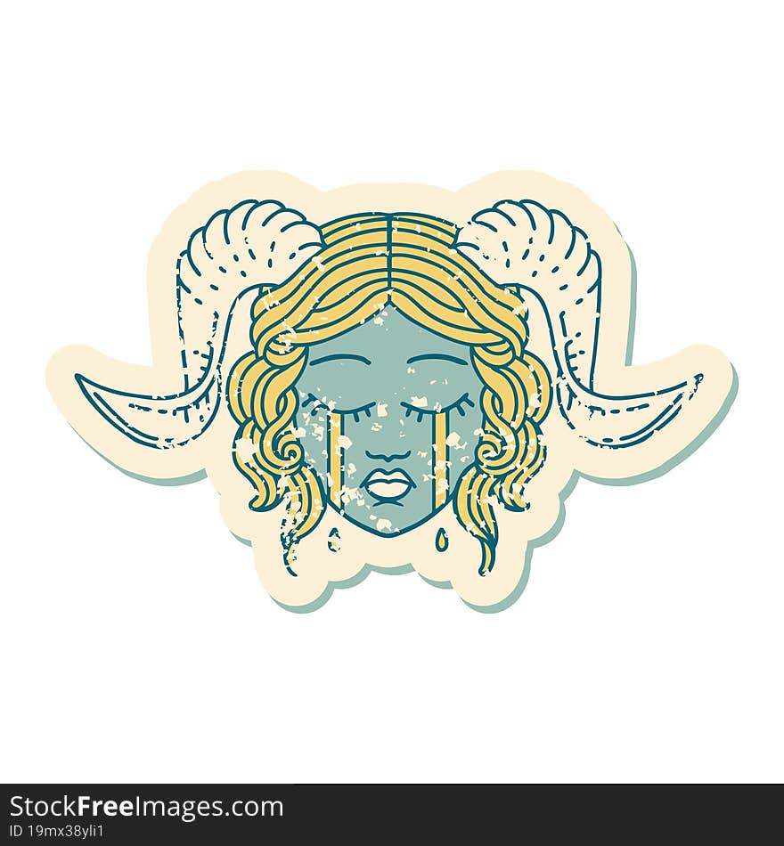 grunge sticker of a crying tiefling character face. grunge sticker of a crying tiefling character face