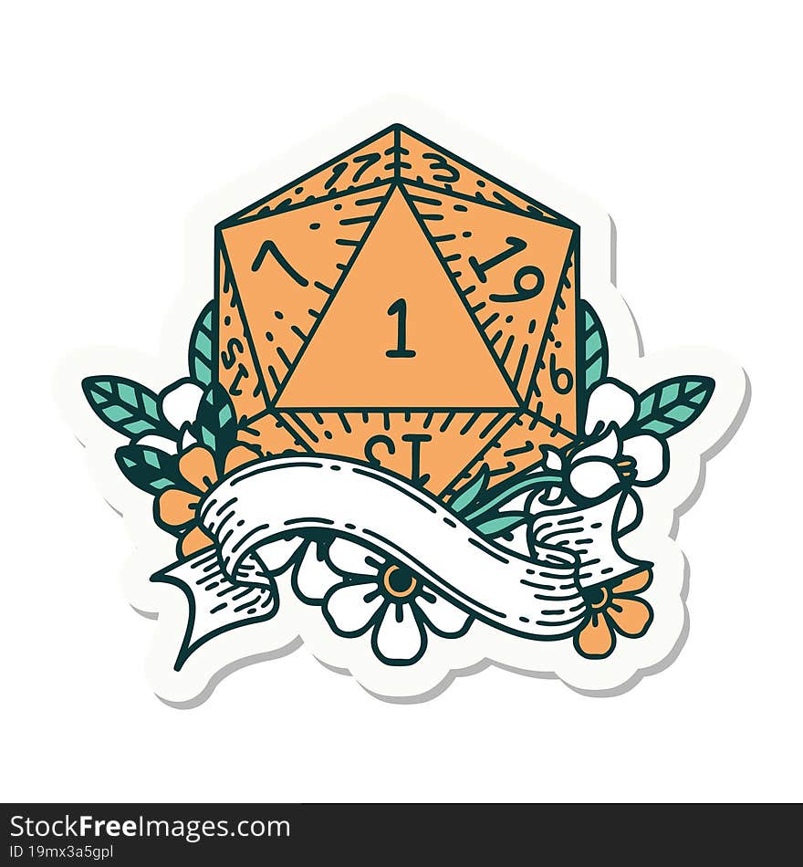 sticker of a natural one d20 dice roll. sticker of a natural one d20 dice roll