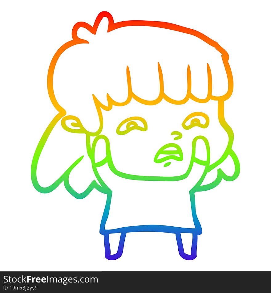 rainbow gradient line drawing cartoon worried woman