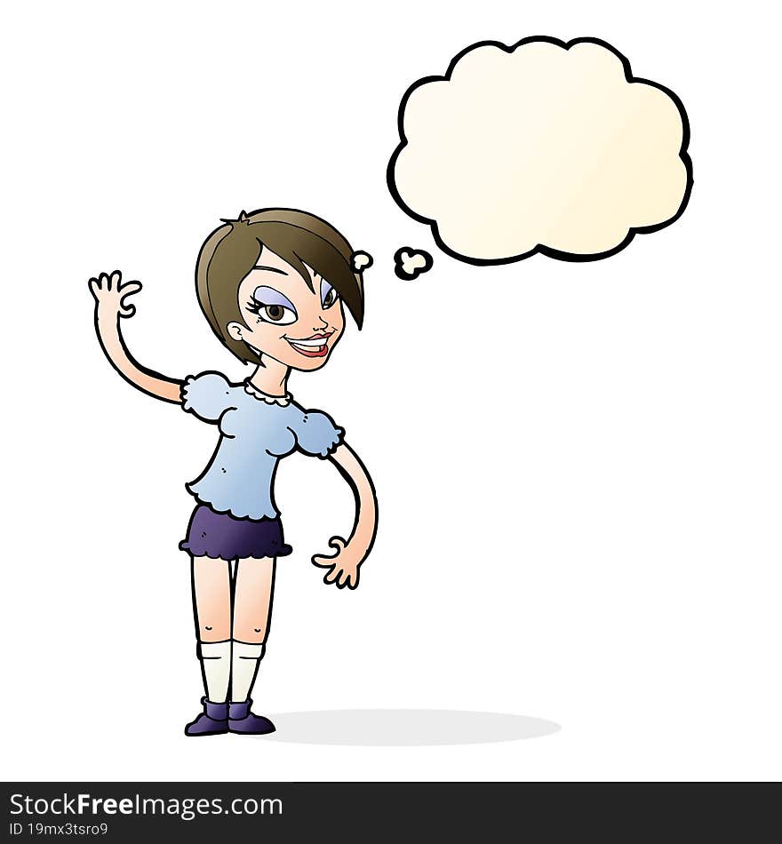 Cartoon Girl Waving With Thought Bubble