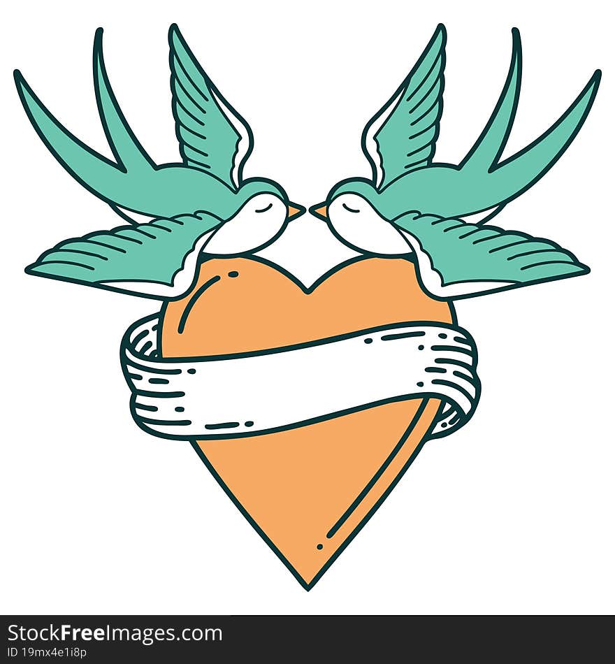 Tattoo Style Icon Of A Swallows And A Heart With Banner