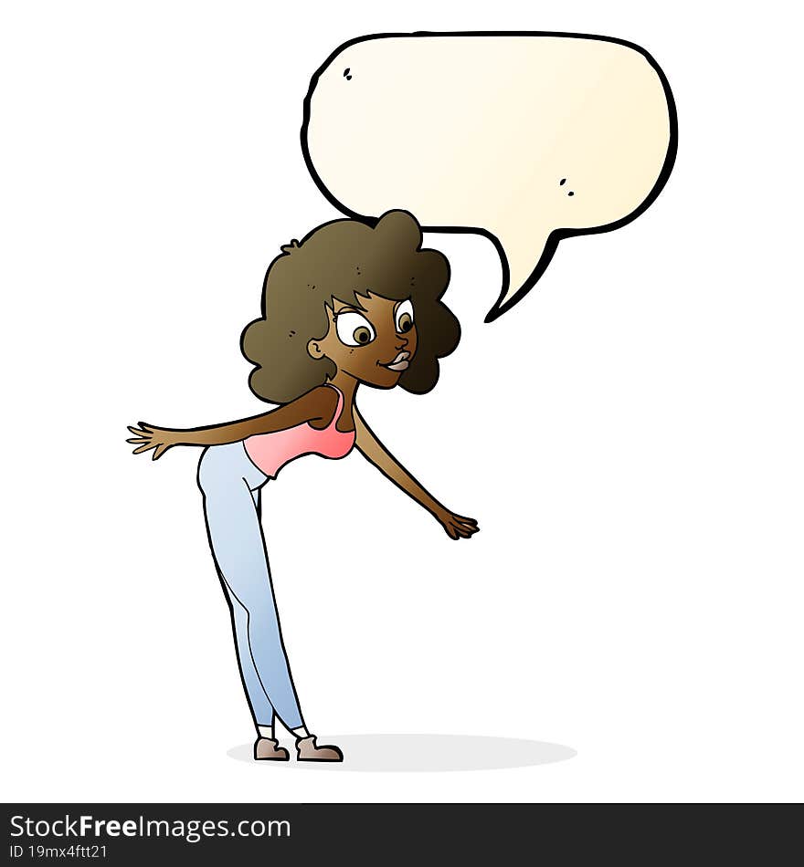 cartoon woman reaching to pick something up with speech bubble