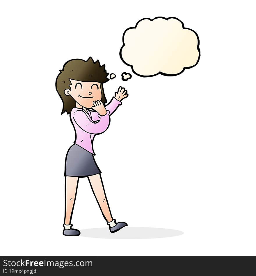 cartoon happy businesswoman with thought bubble