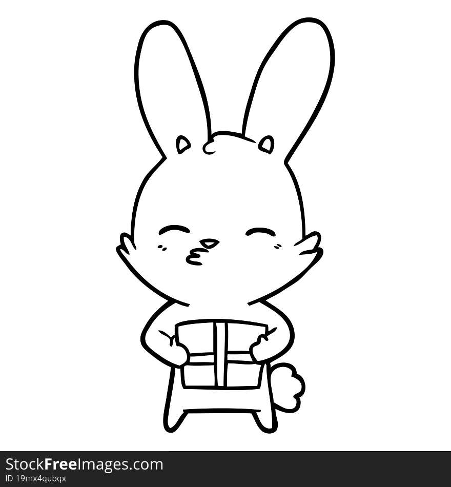 curious bunny cartoon with present. curious bunny cartoon with present