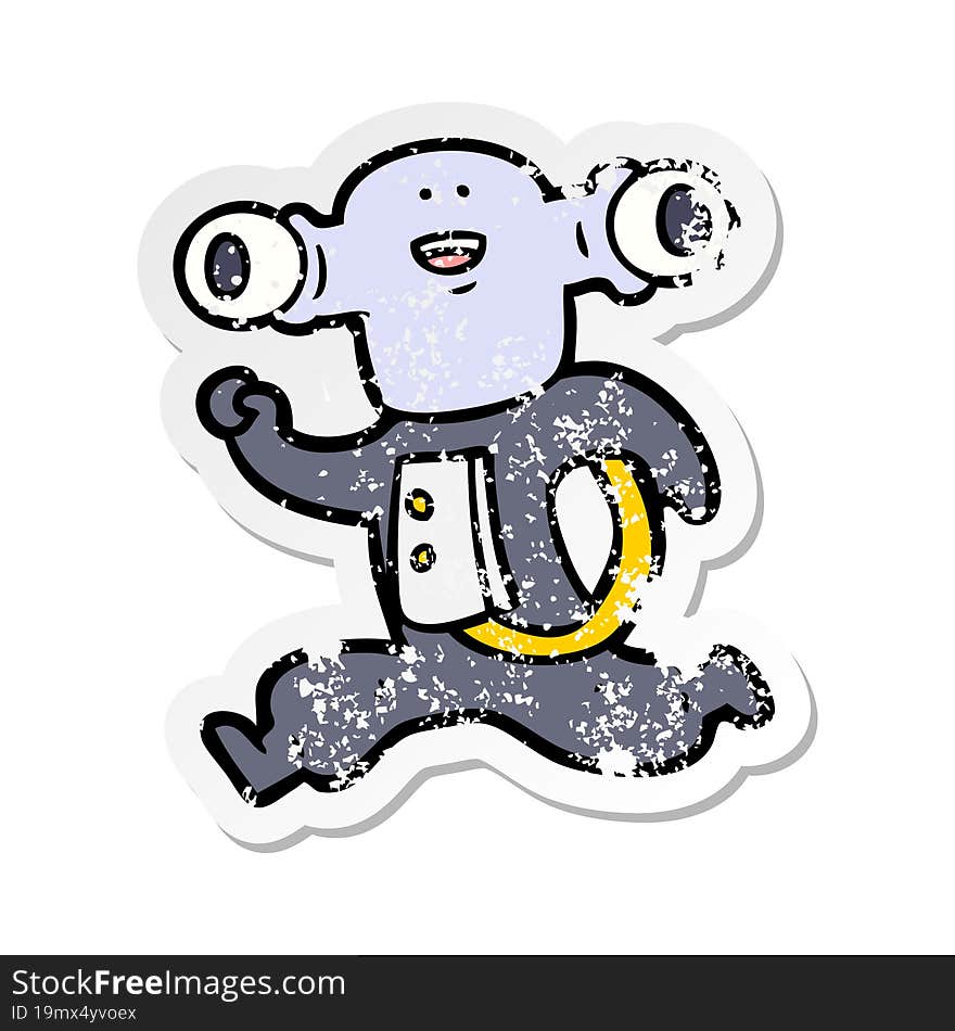 distressed sticker of a friendly cartoon alien running