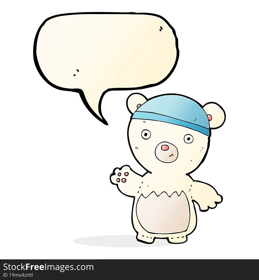 cartoon polar bear wearing hat with speech bubble