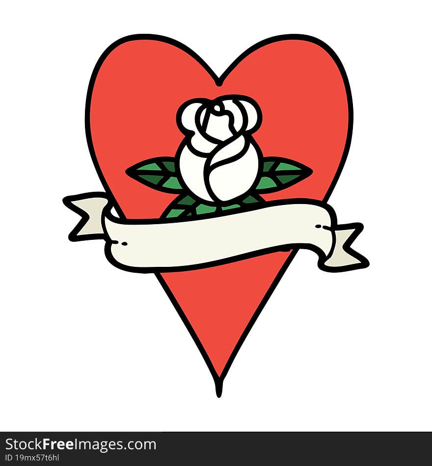 traditional tattoo of a heart rose and banner