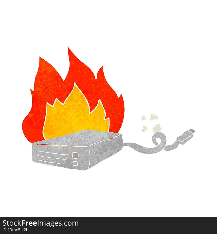 retro cartoon computer hard drive burning