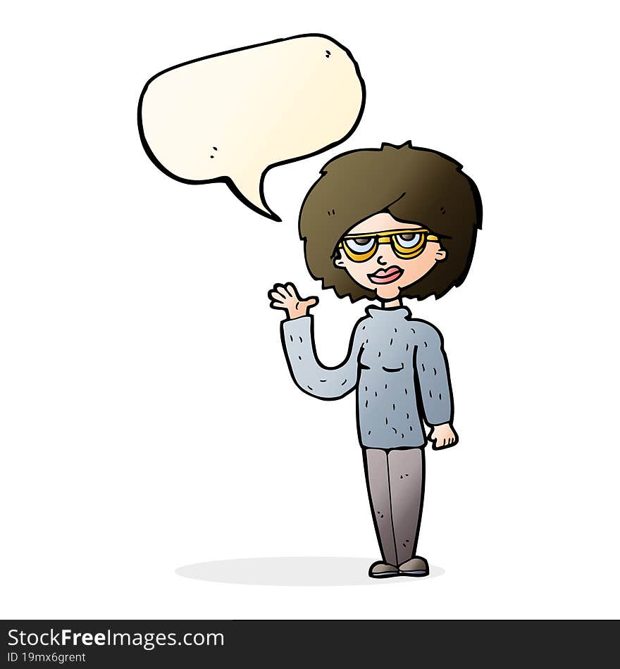 cartoon woman waving with speech bubble