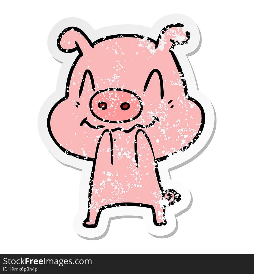 distressed sticker of a nervous cartoon pig