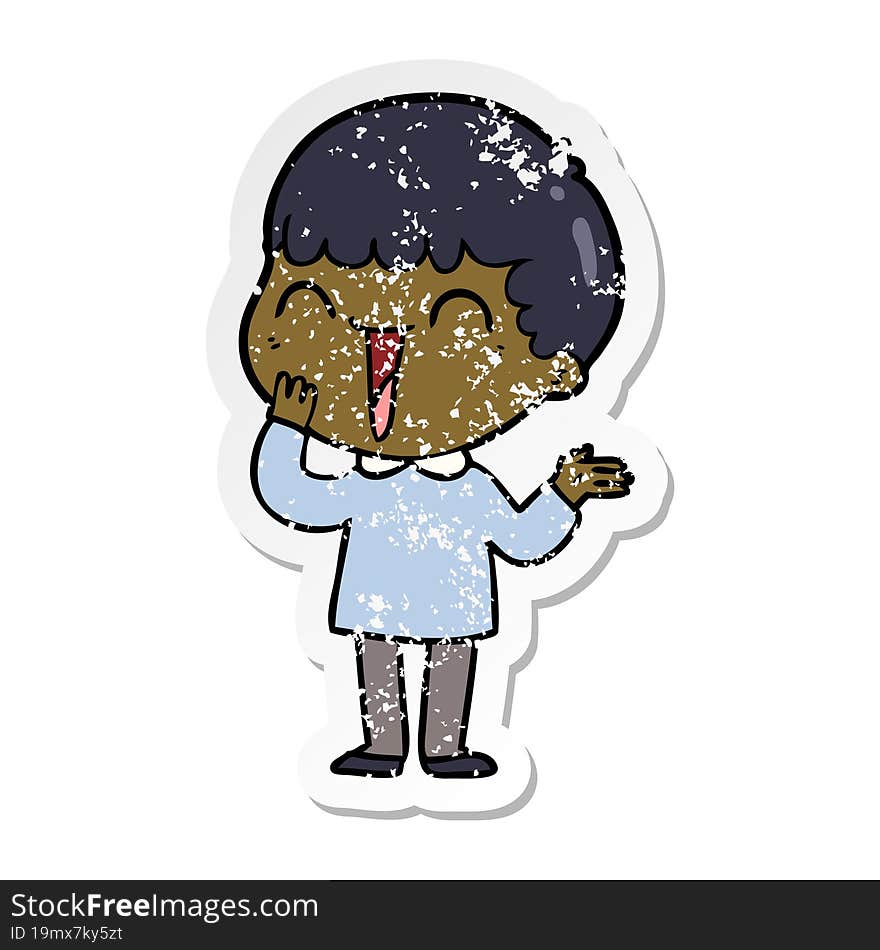 distressed sticker of a cartoon happy man