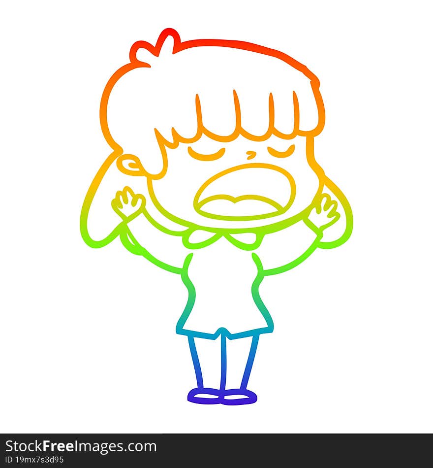 rainbow gradient line drawing of a cartoon woman talking loudly