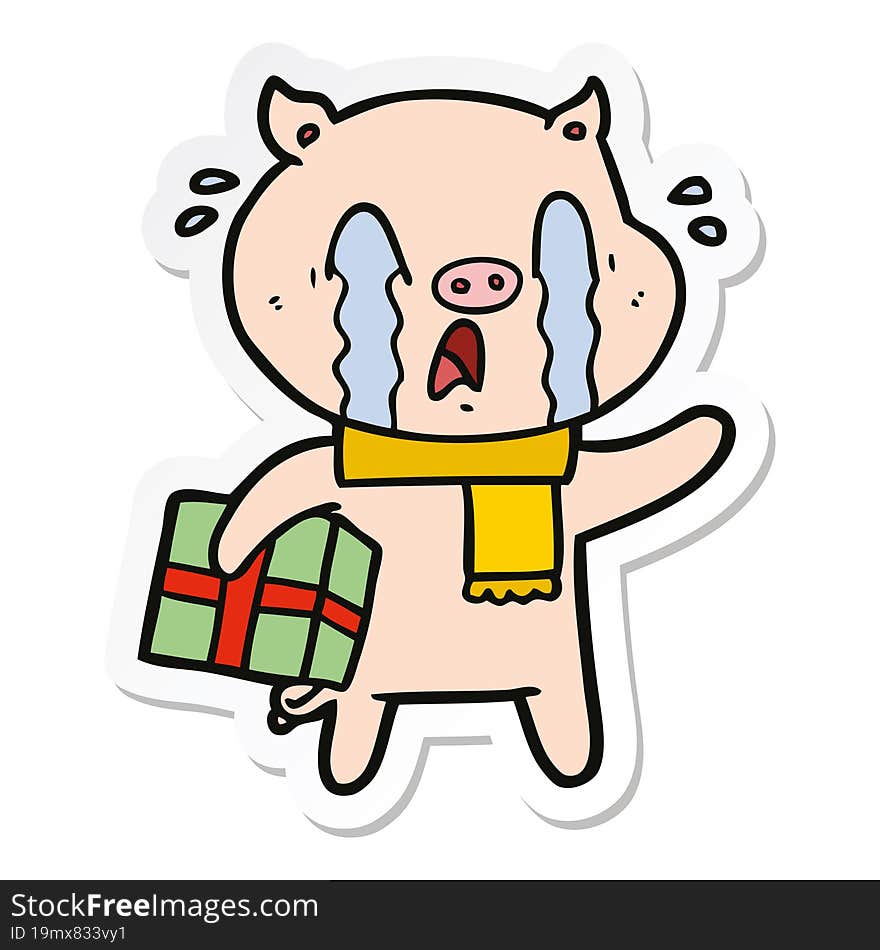 sticker of a crying pig cartoon delivering christmas present