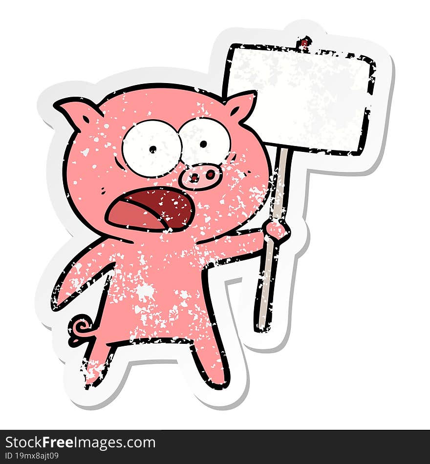 Distressed Sticker Of A Cartoon Pig Protesting