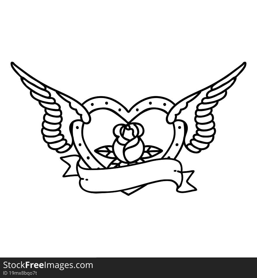 tattoo in black line style of a flying heart with flowers and banner. tattoo in black line style of a flying heart with flowers and banner