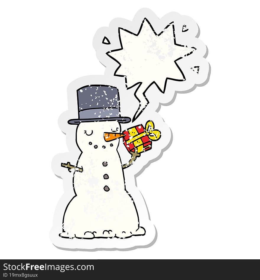 Cartoon Christmas Snowman And Speech Bubble Distressed Sticker