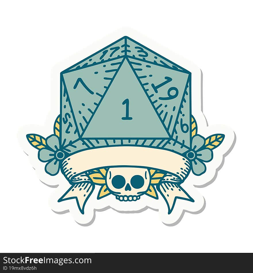 sticker of a natural one d20 dice roll. sticker of a natural one d20 dice roll