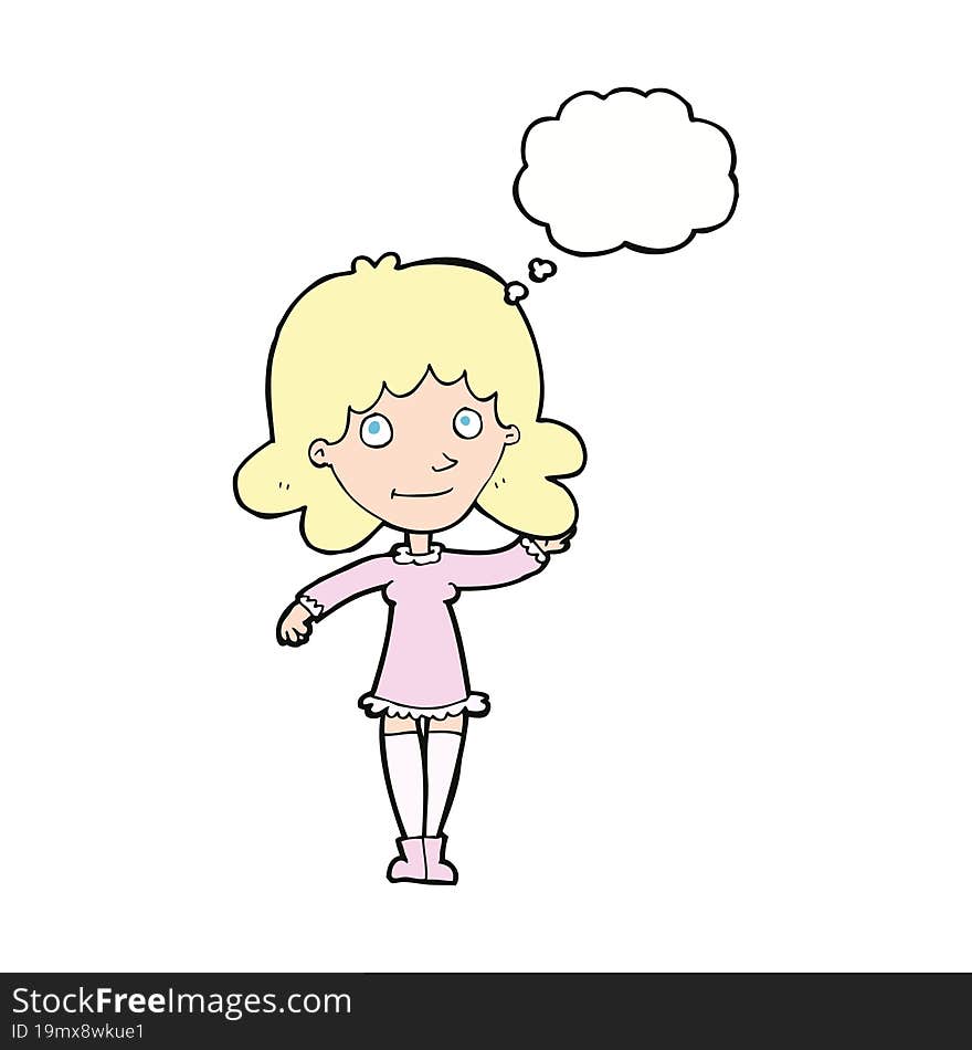 cartoon friendly woman waving with thought bubble