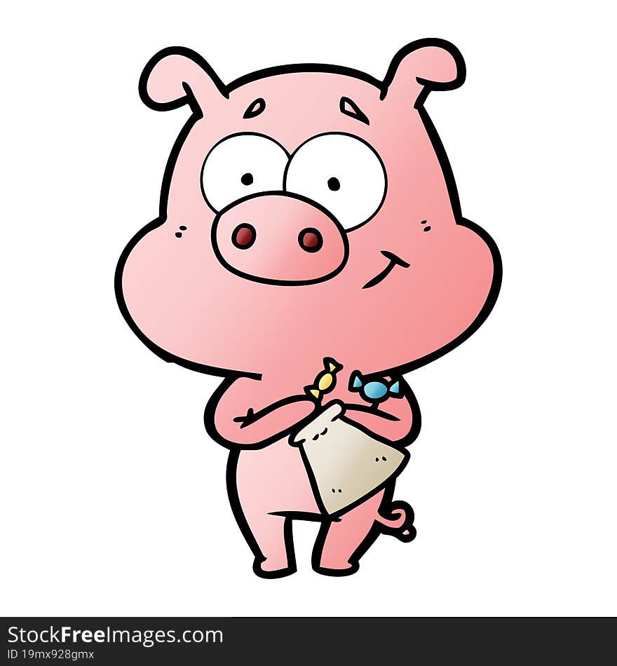 happy cartoon pig with candy. happy cartoon pig with candy