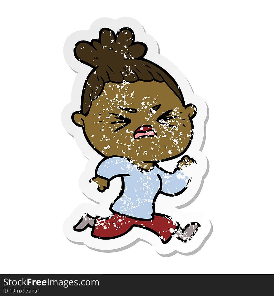 distressed sticker of a cartoon angry woman