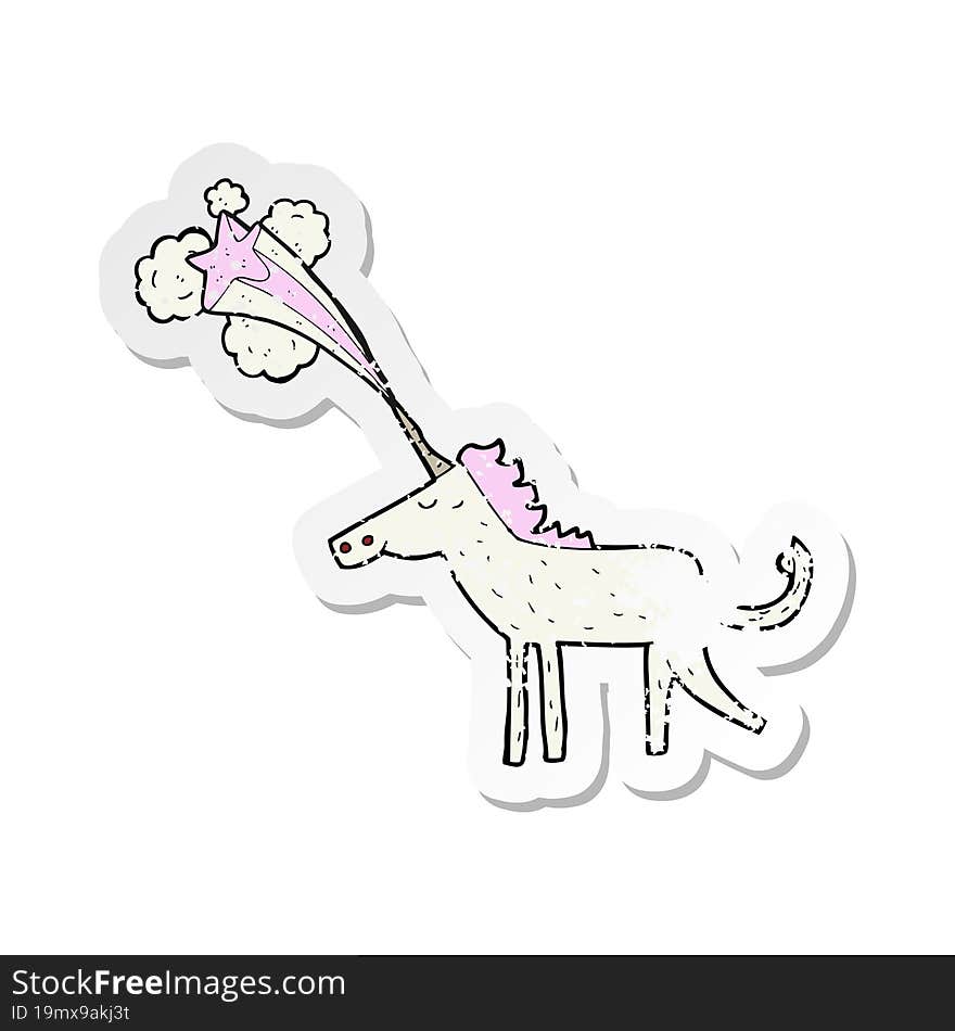 retro distressed sticker of a cartoon magical unicorn