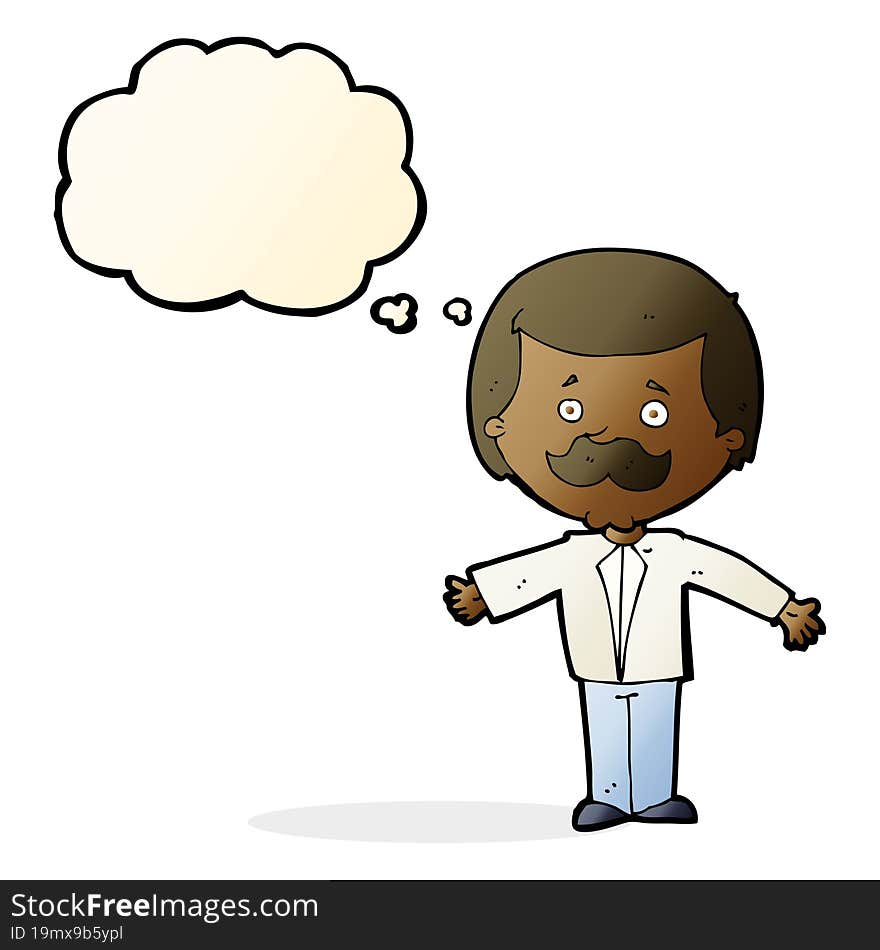 Cartoon Mustache Man With Open Arms With Thought Bubble