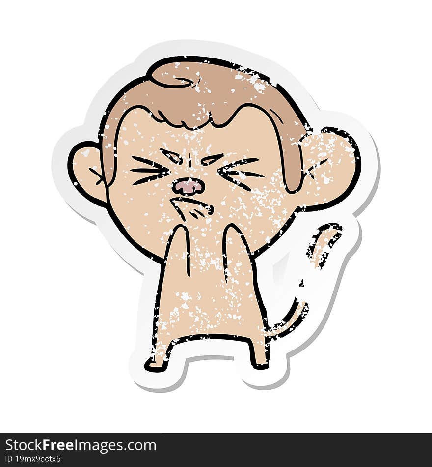 distressed sticker of a cartoon annoyed monkey