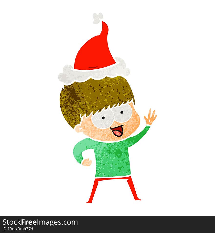 happy hand drawn retro cartoon of a boy wearing santa hat. happy hand drawn retro cartoon of a boy wearing santa hat