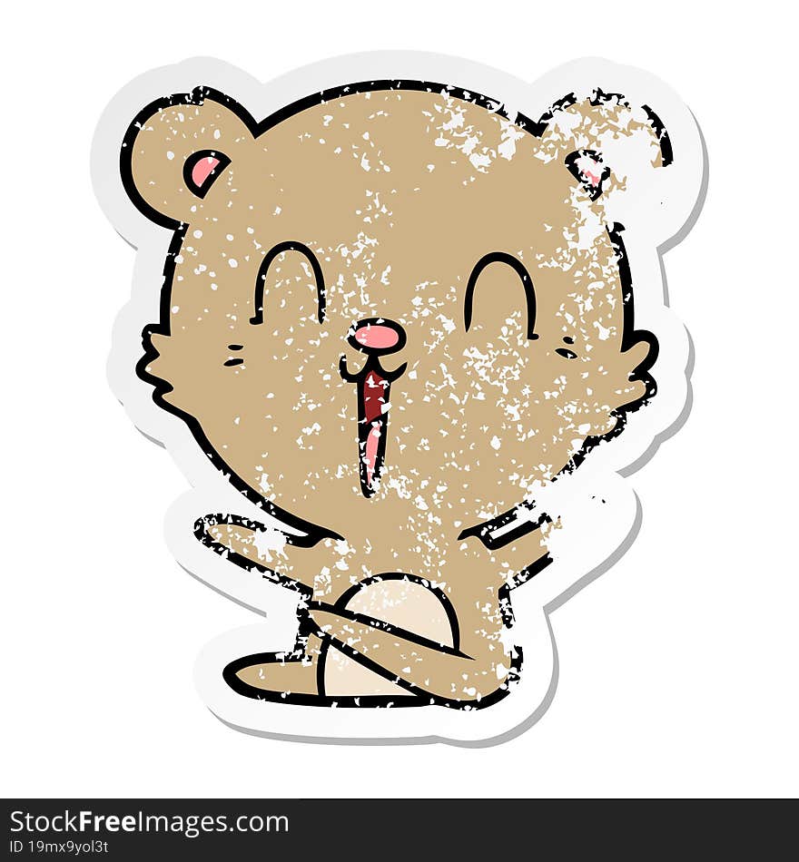 distressed sticker of a happy laughing cartoon bear