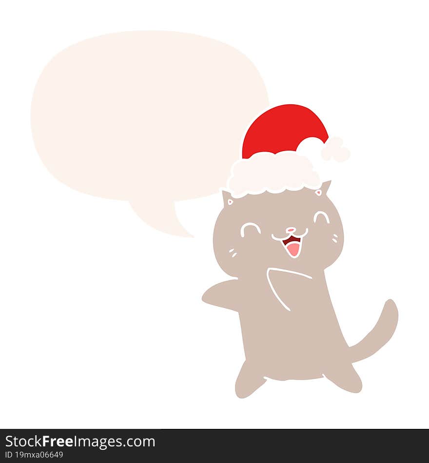 cute cartoon christmas cat with speech bubble in retro style