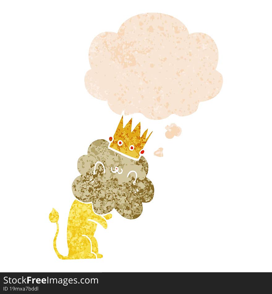 cartoon lion with crown and thought bubble in retro textured style