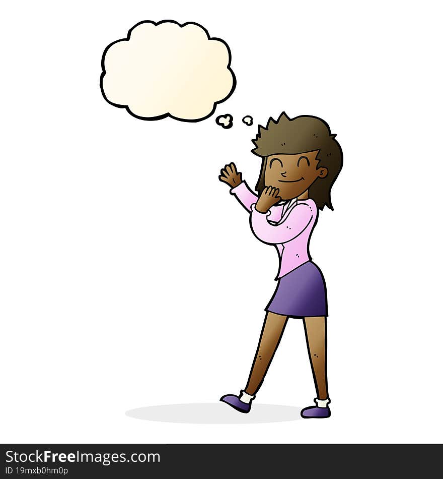 cartoon happy businesswoman with thought bubble