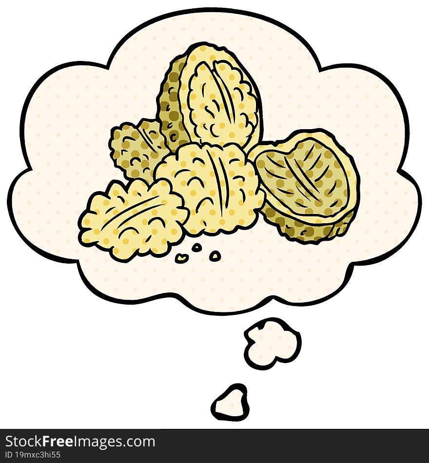 cartoon walnuts and thought bubble in comic book style