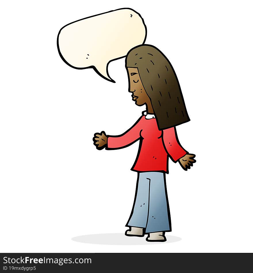 cartoon woman with open arms with speech bubble