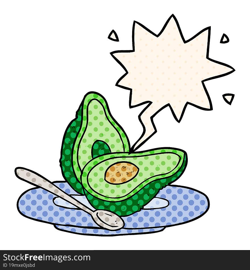 cartoon halved avocado and speech bubble in comic book style